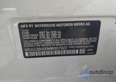 2021 BMW 530I z USA, uszkodzony, nr VIN WBA53BH00MWX07922